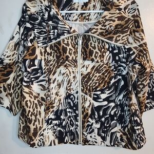 Vintage Erin London Size M Petite Women's Animal Print Zip-Up Top 3/4 Sleeves